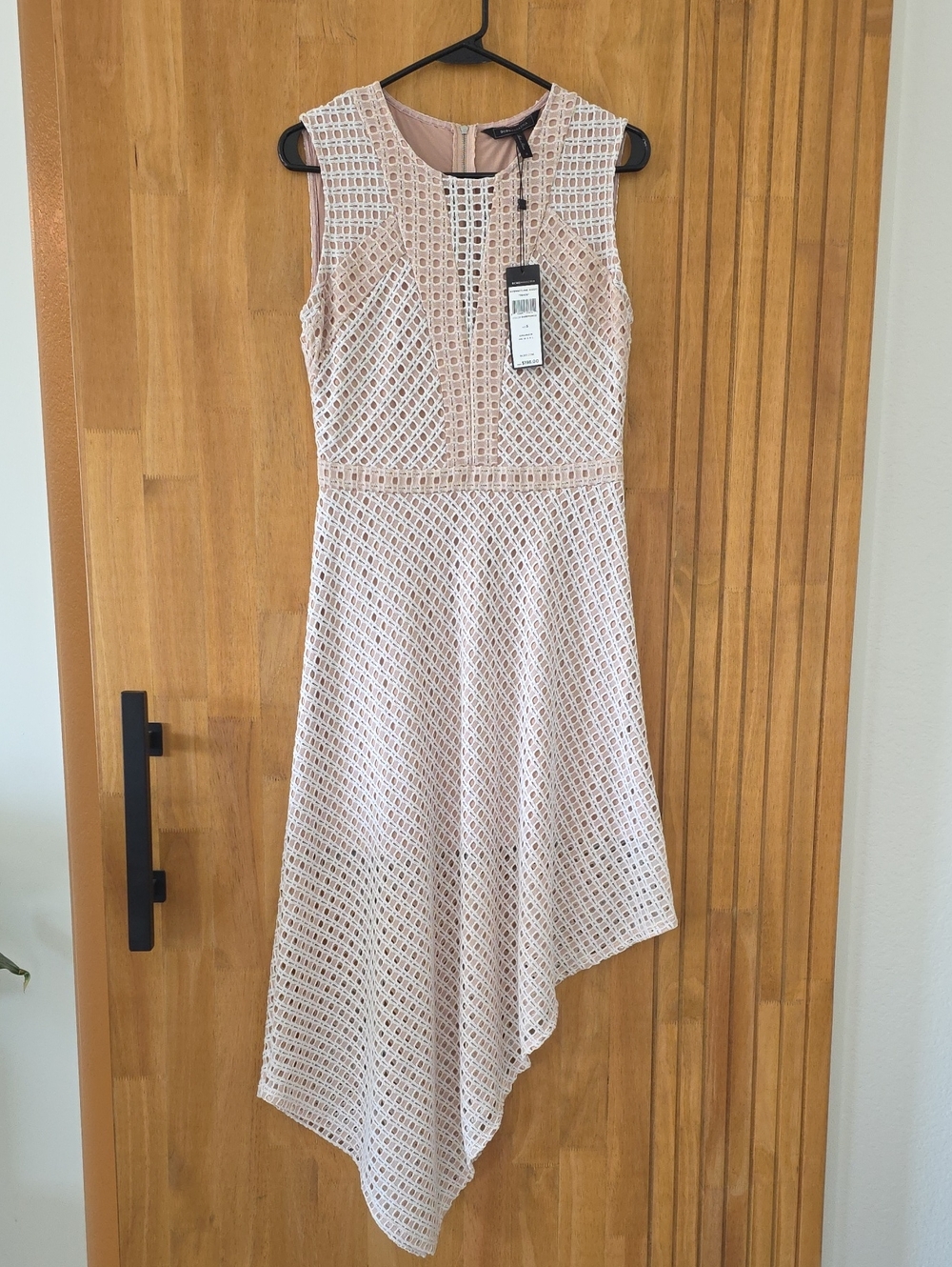 BCBGMaxAzria Blush Pink Asymmetrical Lace Midi Dress
